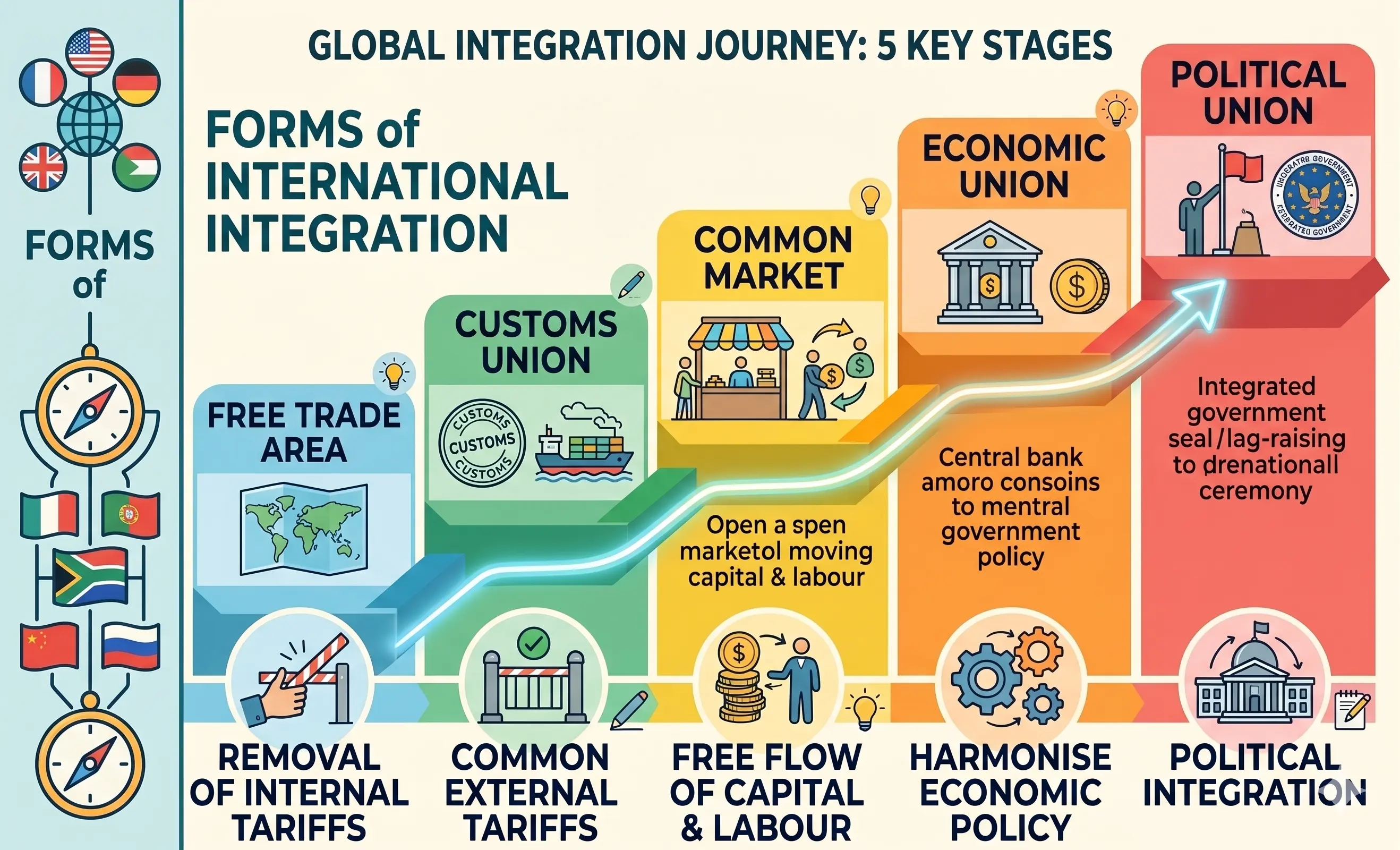 Forms of International Economic Integration: Free Trade Area, Customs Union, Common Market, Economic Union and Political Union